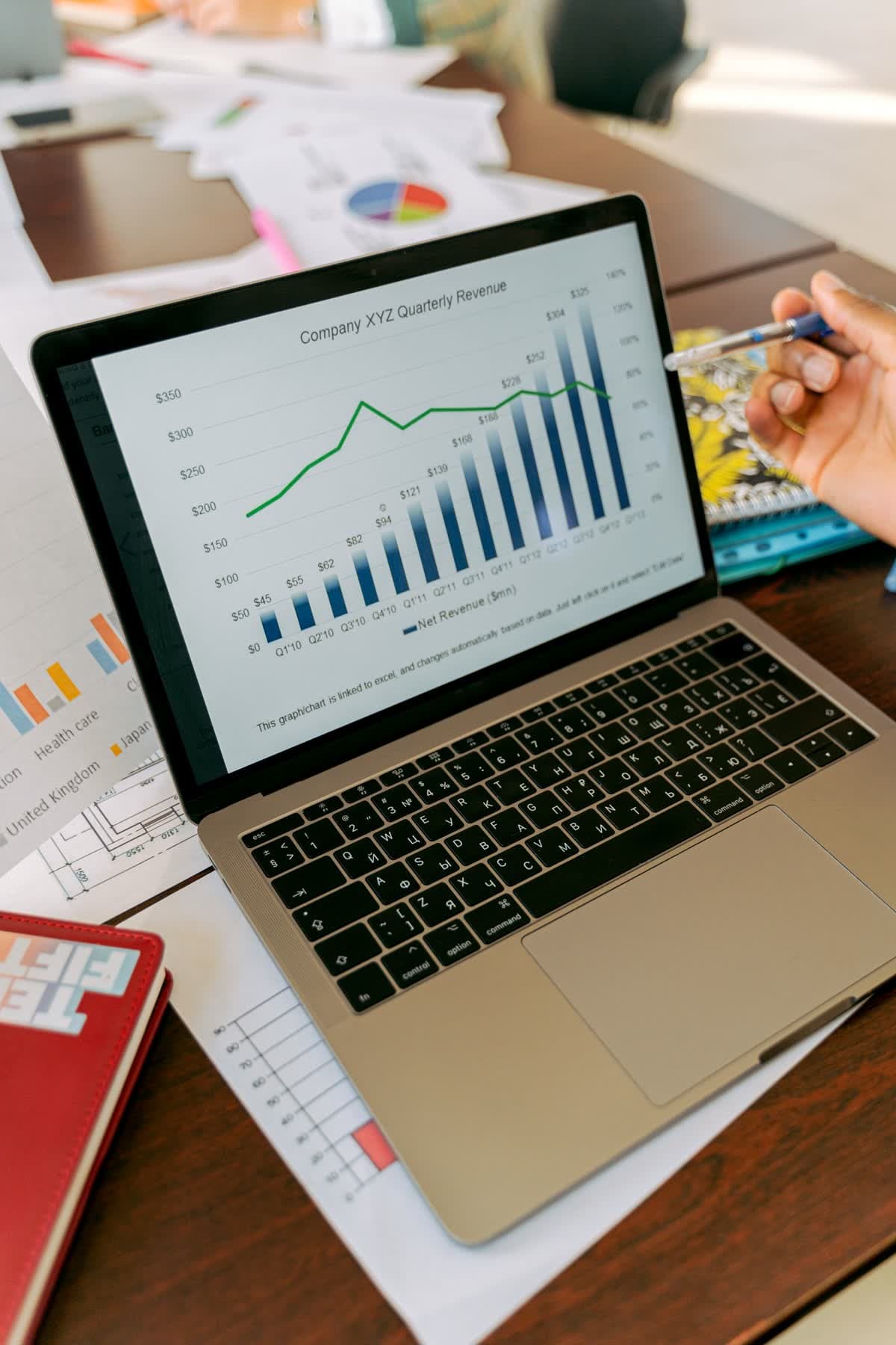 A laptop showing a revenue chart during a reporting session